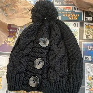 BDG Kids Black Cable-Knit Pom Pom Hat with Button Detail
